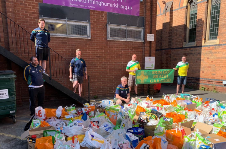 Erin Go Bragh GAA Club with donations collected for the Birmingham Irish Association foodbank during Covid-19 pandemic, April 2020.