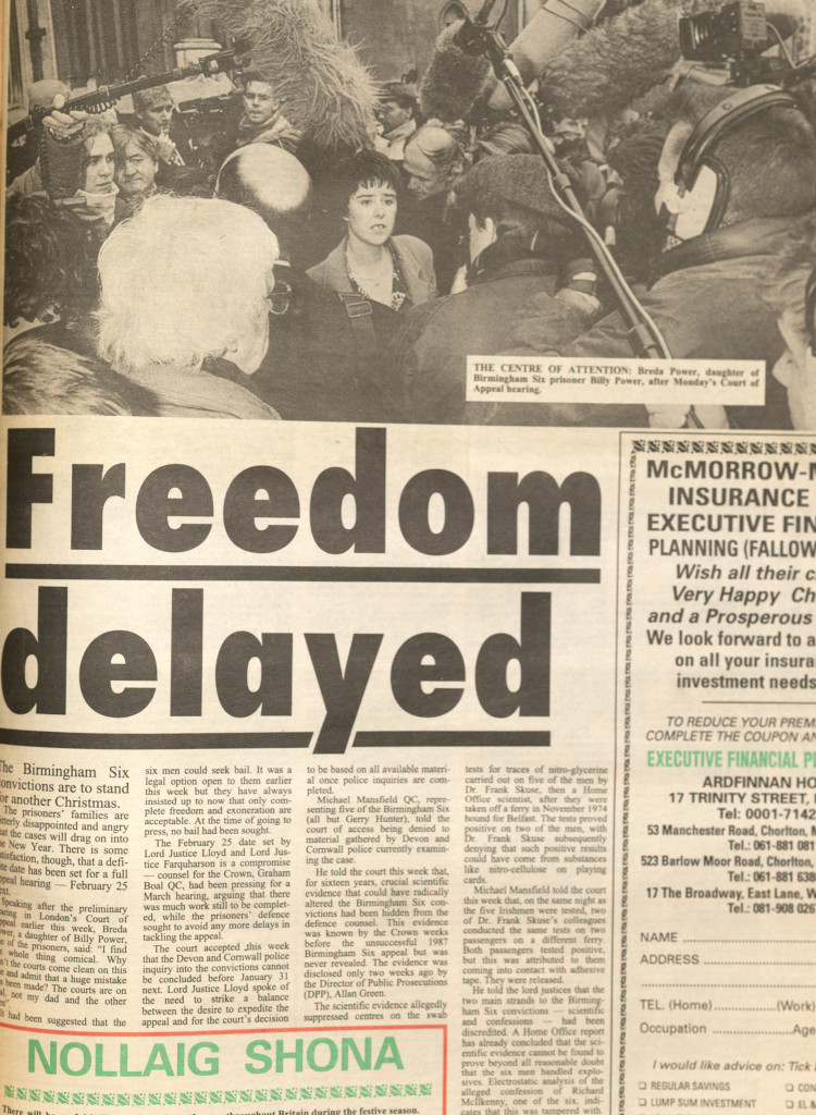 ‘Freedom Delayed’ Breda Power, daughter of Birmingham Six prisoner Billy Power, after Court of Appeal hearing, The Irish Post, December 22, 1990.