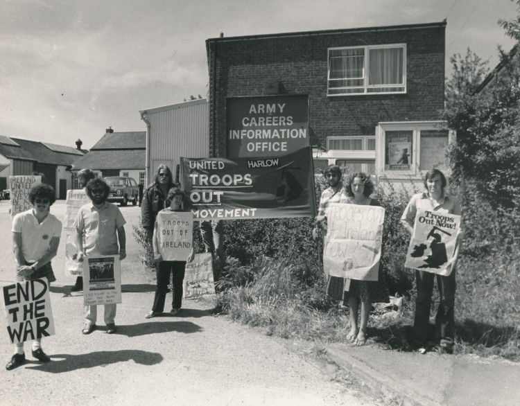 Troops Out Movement Picket, Harlow, Tony Birtill on far left, 1979.