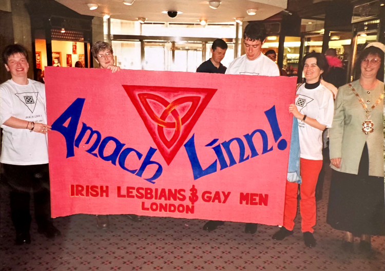 Amach Linn with Banner and Mayor of Hammersmith and Fulham at Hammersmith Irish Centre, mid 1990s.