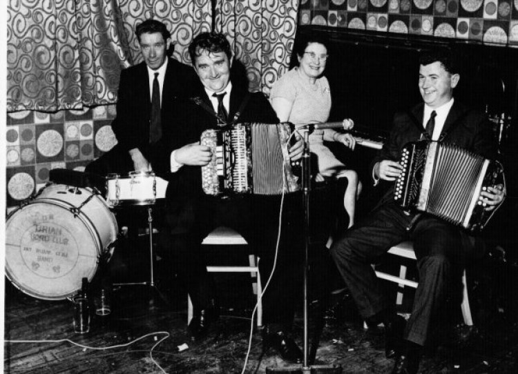 Brian Boru Céilí band, Paddy Kelly (accordion centre), Billy Greenhall (accordion right), Jimmy Murray (Drums), Wigan, 1970s.