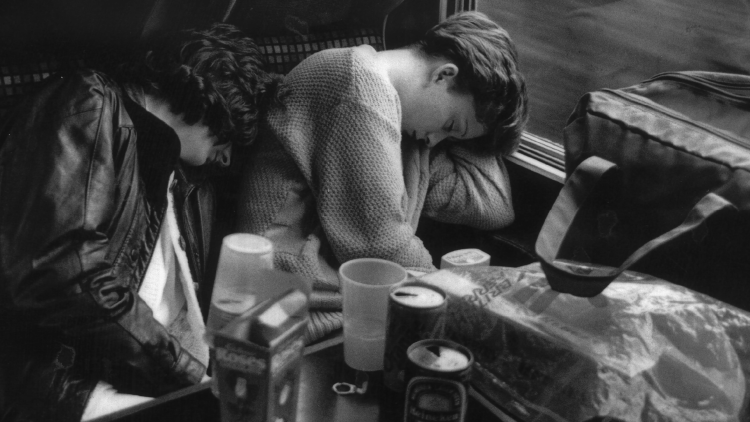Two young women sleeping on the Holyhead train: August 1986.