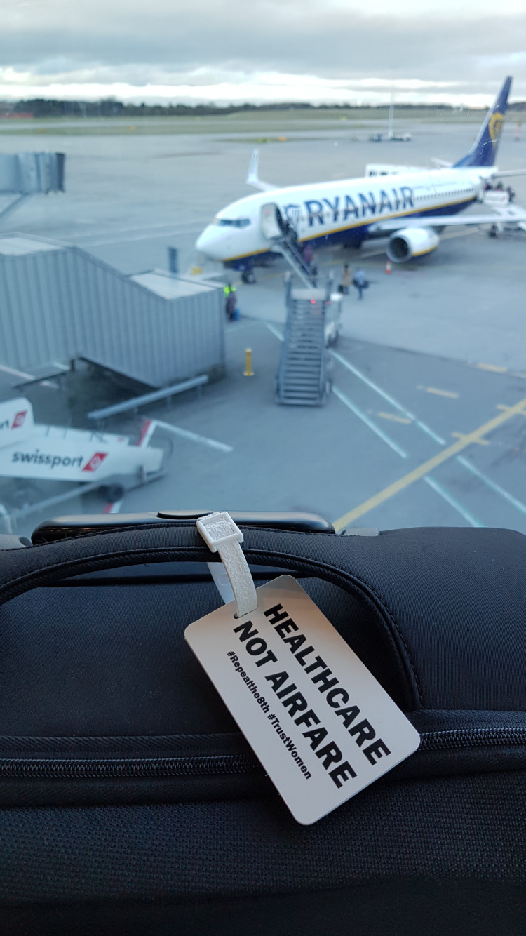 Healthcare Not Airfare luggage tag, London Irish Abortion Rights Campaign merchandise, 2017.