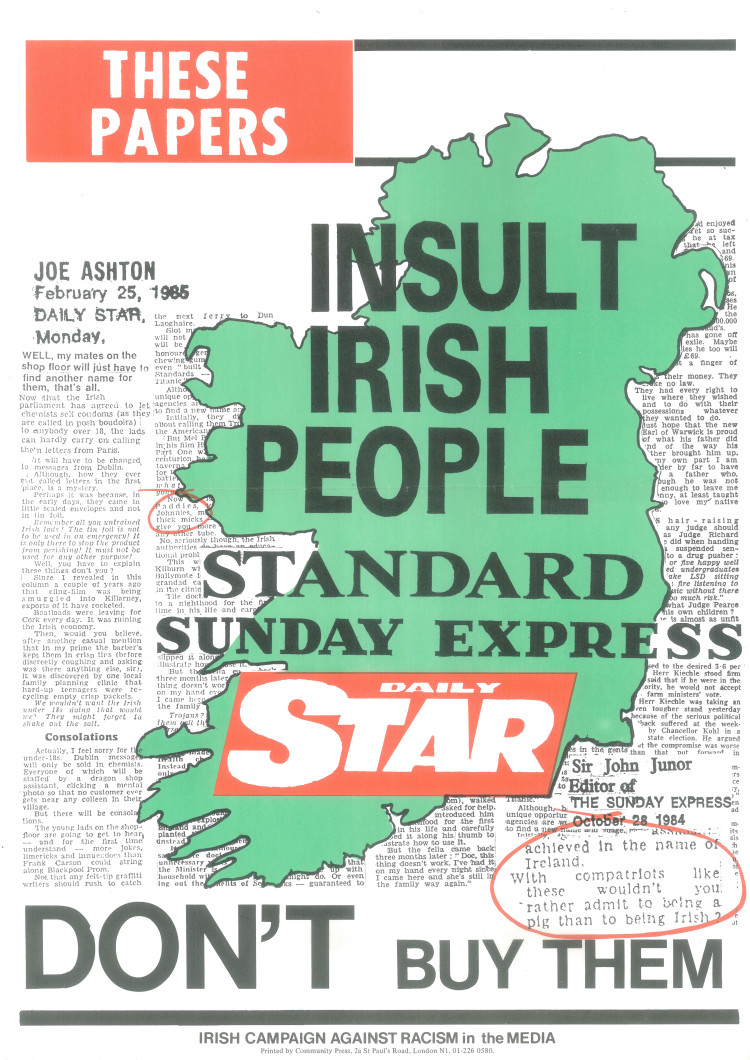 These Papers Insult Irish People poster, Irish Campaign Against Racism in the Media, 1980s.