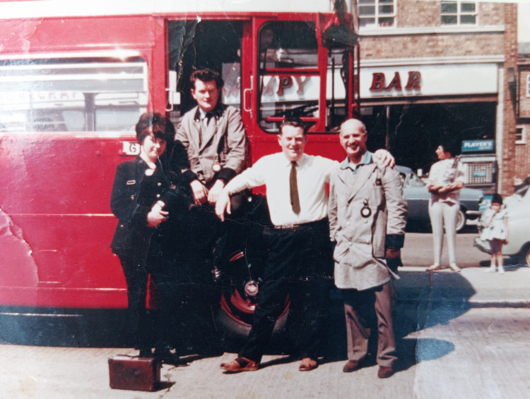 William Ruane and friends at Tally Ho Bus Stand, North Finchley, 1967.