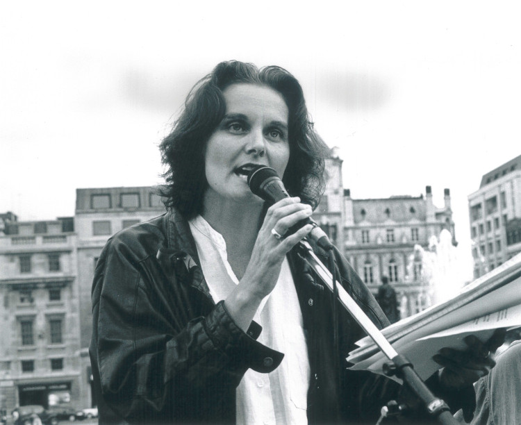 Angie Birtill at Trafalgar Square, Troops Out protest, 1990s.